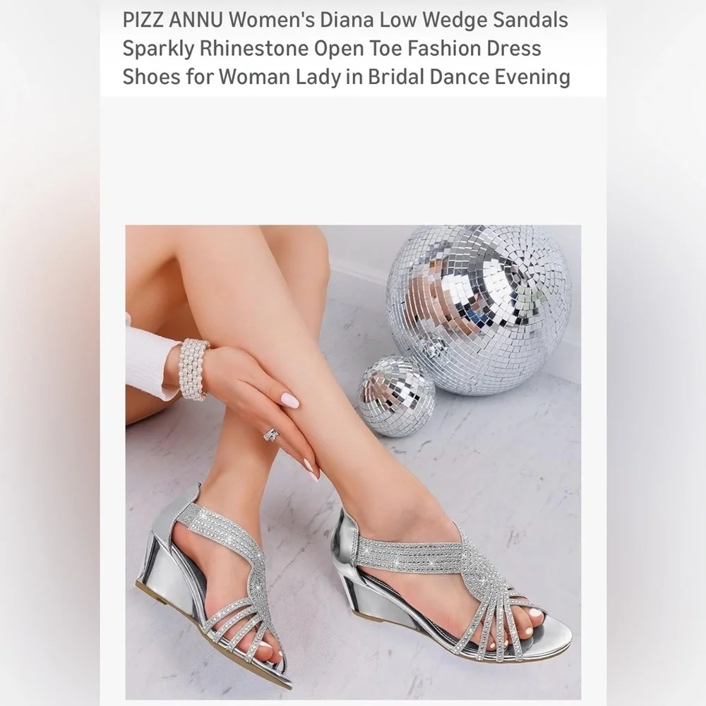 PIZZ ANNU Women's Diana Low Wedge Sandals Sparkly Rhinestone Open Toe 11